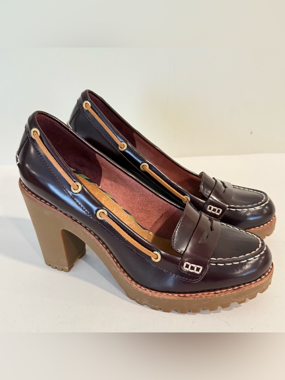 Sperry Chunky Platform Shoe Womens 8 Oxblood Leather Heels Closed Toe Y2K Preppy